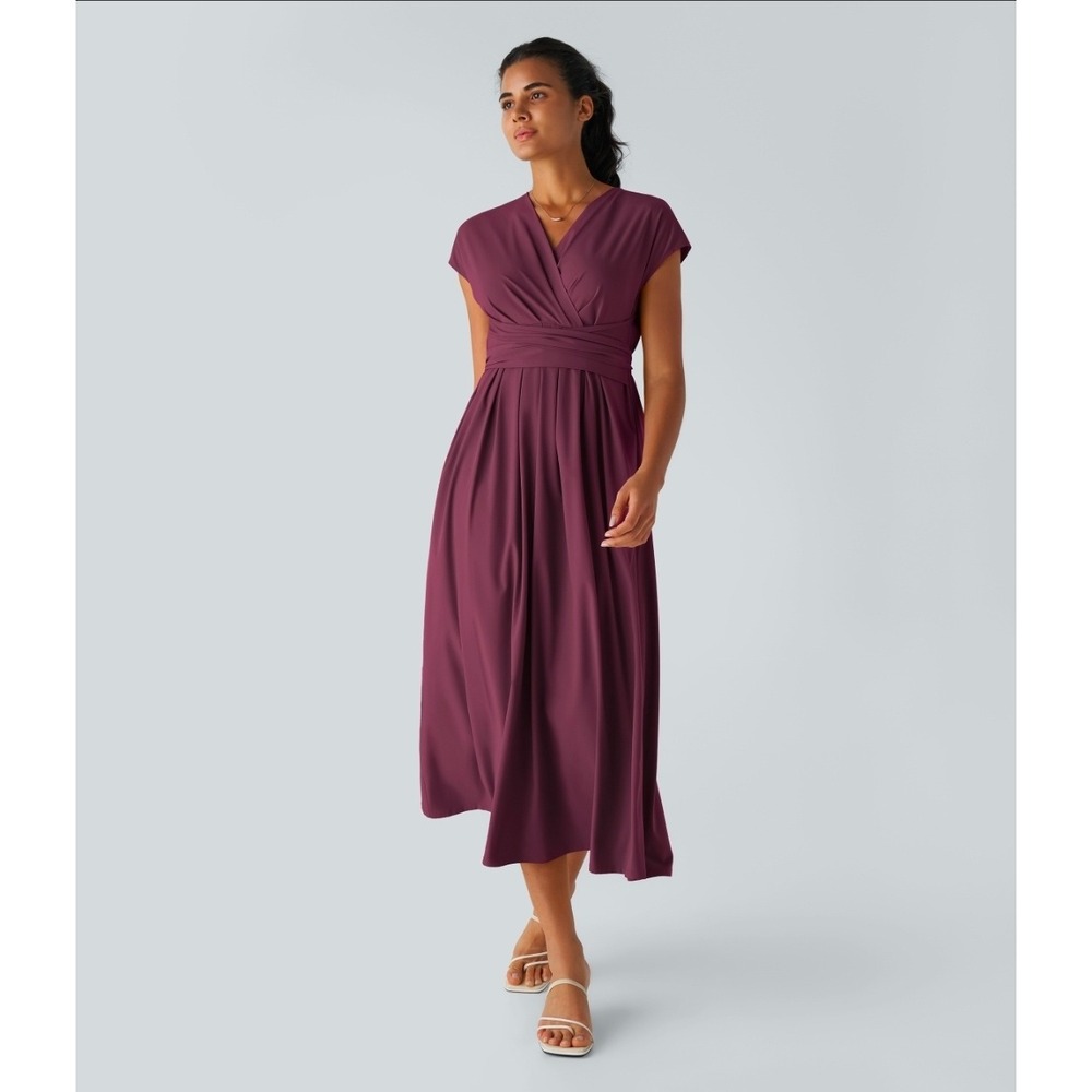 NWT Halara Breezeful Wrap Midi Dress Women's M Burgundy V-Neck Pockets Stretch